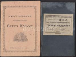 1888-1923 Makói és aradi polgári takarékbetétkönyvek,szegedi tagsági igazolvány, hódmezővásárhelyi törzskönyv