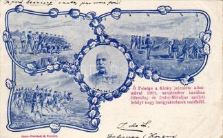 Emléklap a 1901-ben Görcsöny és Dolni Miholjac mellett tartott hadgyakorlatról. Hosszúcímzéses lap Ferencz Józseffel T3 (saroktörés)