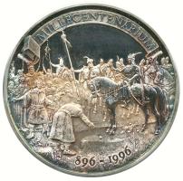 1996. "Honfoglalás Millecentenárium" nagyalakú vastag Ag emlékérem 1000g! (.999), peremén "853" sorszámmal és hozzávaló tanúsítvánnyal, eredeti díszdobozban! T:PP Csak 1000db! RR!! Korrodáció / Hungary 1996. "1100th Anniversary of the Hungarian Conquest" piefort pure Ag coin 1000g! (.999) with serial number "853" on the edge, with certificate and in original box! C:PP Only 1000 examples! RARE! Corroded