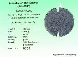 1996. "Honfoglalás Millecentenárium" nagyalakú vastag Ag emlékérem 1000g! (.999), peremén ...