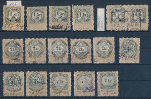 1858-1946 86 db illetékbélyeg, közte fogazási eltérések + 13 db levélzáró, 5 db stecklapon