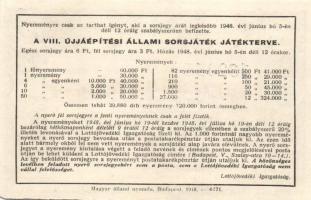 Budapest 1948. Fél sorsjegy a VIII. újjáépítési állami sorsjátékra (60.000Ft főnyereményre) T:I