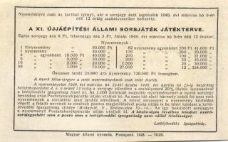 Budapest 1948. Fél sorsjegy a XI. újjáépítési állami sorsjátékra (60.000Ft főnyereményre) T:I