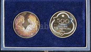 1990. 500Ft Ag + 500Ft Ag "Mátyás király" pár eredeti dísztokban T:PP (patina)