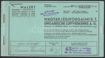 1940 Magyar Légiforgalmi RT. Budapest-Kolozsvár repülőjegy / BVudapest-Cluj plane ticket