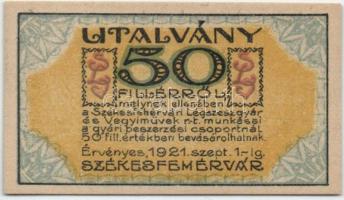 Székesfehérvár 1921. Légszeszgyár és Vegyiművek Rt. 50f utalvány T:I