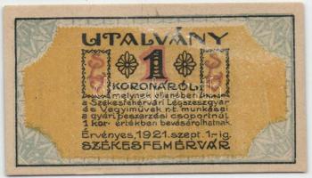 Székesfehérvár 1921. Légszeszgyár és Vegyiművek Rt. 1K utalvány T:I/I-