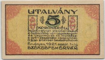 Székesfehérvár 1921. Légszeszgyár és Vegyiművek Rt. 5K utalvány T:I