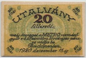 Budapest / Metro Vízmérőgyár Rt. 1920. 20f utalványa T:I