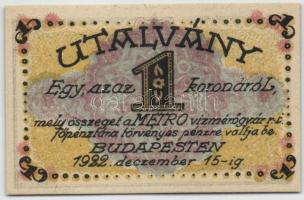 Budapest / Metro Vízmérőgyár Rt. 1920. 1K utalványa T:I