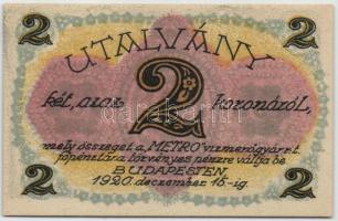 Budapest / Metro Vízmérőgyár Rt. 1920. 2K utalványa T:I
