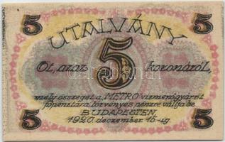 Budapest / Metro Vízmérőgyár Rt. 1920. 5K utalványa T:I