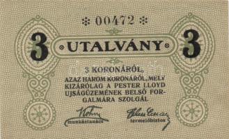 ~1920. "Pester Lloyd" utalvány 3K bélyegző nélkül T:I-(kis folt)