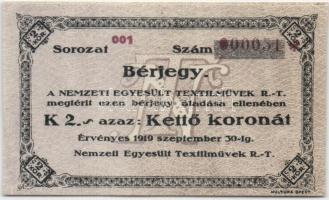 Budapest 1919. Nemzeti Egyesült Textilművek R.T.  2K piros sorozatszám 2mm T:I