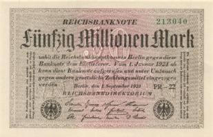 Német Birodalom /Weimari Köztársaság 1923.9.1. 50.000.000M fehér papír (3x) egymás utáni sorszámmal ...