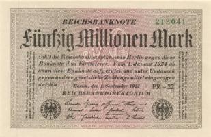 Német Birodalom /Weimari Köztársaság 1923.9.1. 50.000.000M fehér papír (3x) egymás utáni sorszámmal ...