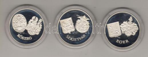 Dekoratív modern emlékérem sor "Szigetvár/Zrínyi M., Eger/Dobó I., Kőszeg/Jurisics M." 3 klf. db ezüst, 94gr, díszdobozban T:PP
