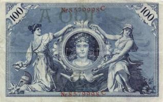 Német Birodalom/Császárság 1908. 100M (10x) piros pecsét és sorszám T:III
German Empire 1908. 100 Ma...