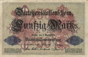 Német Birodalom/Császárság 1914. 50M (8x) hétjegyű sorszám T:II-,III
German Empire 1914. 50 Mark (8x...