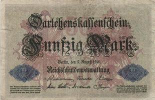 Német Birodalom/Császárság 1914. 50M (8x) hétjegyű sorszám T:II-,III
German Empire 1914. 50 Mark (8x...