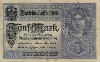 Német Birodalom/Császárság 1917. 5M (5x) T:III
German Empire 1917. 5 Mark (5x) C:F