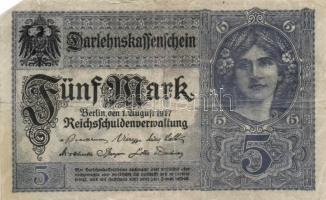 Német Birodalom/Császárság 1917. 5M (5x) T:III
German Empire 1917. 5 Mark (5x) C:F
