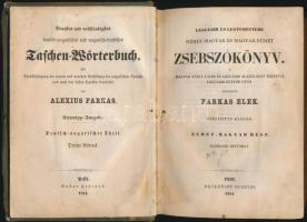 Farkas Elek: Legújabb és legtömöttebb Német-Magyar és Magyar Német zsebszókönyv a magyar nyelv ujabb és legujabb alakulását tekintve legujabb kútfők után. Stereotyp kiadás. Pest 1854. Heckenast Gusztáv. 2 kötet. Komplett. Korabeli aranyozott gerincű (egy helyütt sérült), egészvászon kötésben, (Egy lap kijár egyébként jó állapotban) / German-Hungarian and Hungarian-German dictionary in 2 volumes.