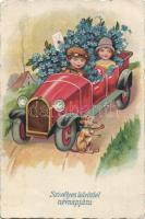 Name-day card with car, dog and children (EK)