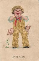 New Year boy, pigs litho