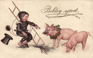 New Year chimney sweeper, pigs litho (EB)