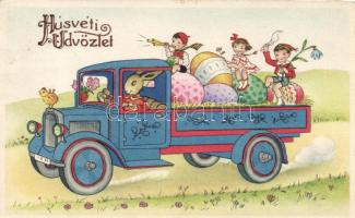 Easter, automobile with eggs and children (cut)