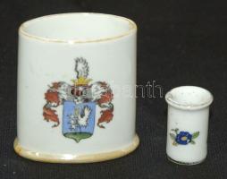 Jelzett Zsolnay porcelán fogpiszkálótartó Losoncz város címerével és egy virágokkal díszített szalvétagyűrű /  Zsolnay chinaware toothpick holder with coats of arms of Lucenec + napkin ring