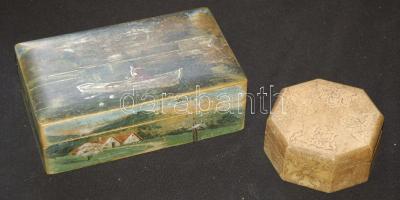 2db fa ládika: kézzel festett (18x11x6cm), faragott (9x9x4cm)