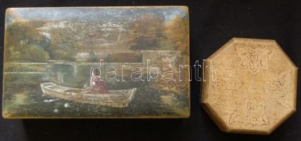 2db fa ládika: kézzel festett (18x11x6cm), faragott (9x9x4cm)