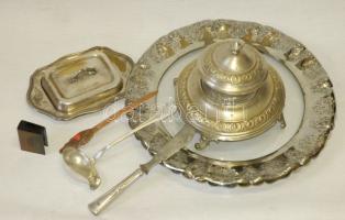 7db klf fém háztartási tárgy, nagyrészt ezüstözött: vajtartó, tál, szószos kanál, vajkés, gyufatartó, stb.