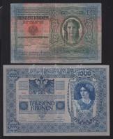 1902. 1000K + 1912. 100K + 1913. 20K + 1914. 50K mindegyik hamis "Felülbélyegzés Törökbecsei Já...