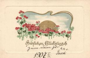 Greeting card with sun and flowers, Emb.