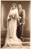 Military WWI young soldier in uniform and his wife, wedding photo (EB)