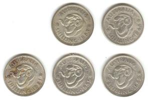 Ausztrália 1946-1963. 1 Sh Ag (5x) klf évszámokkal! T:2-,3 Australia 1946-1963. 1 Shilling Ag (5x) different years C:VF,F