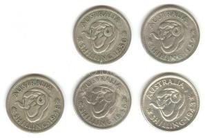 Ausztrália 1943-1952. 1 Sh Ag (5x) klf évszámokkal! T:2,3 Australia 1943-1952. 1 Shilling Ag (5x) different years C:XF,F