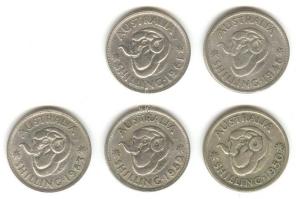 Ausztrália 1946-1963. 1 Sh Ag (5x) klf évszámokkal! T:2-,3 Australia 1946-1963. 1 Shilling Ag (5x) different years C:VF,F