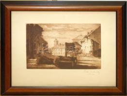 Füle Mihály (1914-2005): Városkép 1946  43x50cm igényes üvegezett fakeretben  színezett rézkarc