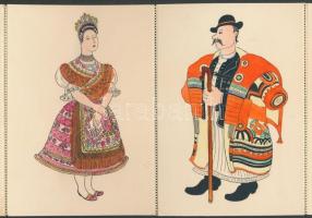 Magyar paraszt népviseletek - 10 darabos, kézzel színezett képeslap leporello pinx Pekáry István (to...