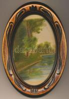 Petrik Albert (1876-1916): Folyópart, kréta-papír, üvegezett ovális keretben 14x19cm