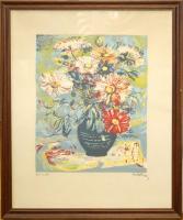 Bordás Ferenc (1911-1982): Őszi rózsák, színezett linómetszet, üvegezett keretben, 46x36 cm