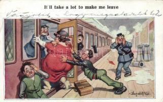 Fat lady in the train station, humor s: Donald McGill