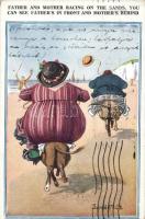 Fat lady and man racing on the sand, humor s: Donald McGill