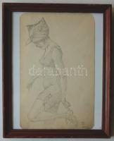 1919 L.B. jelzéssel: Fürdőruhás hölgy Cassino, ceruza-papír, Petrik Albert vázlatkönyvéből, jelzett, üvegezett keretben 21x26cm