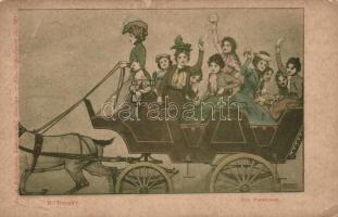 Ein Pensionat / Ladies on carriage, Fr. A. Ackermann Künstlerpostkarte No. 761. s: Hermann Torggler (EB)