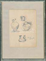 Petrik Albert (1876-1916): Római edények, ceruza-papír, üvegezett keretben, 19x25cm